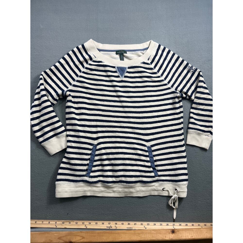 Lauren Jeans Co. Striped Terry Cloth Pullover Shirt M, 3/4 Sleeve, Drawstring